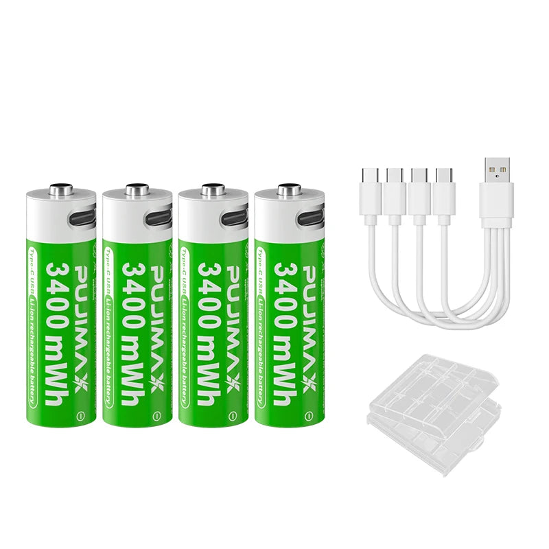PUJIMAX 4pcs AA Rechargeable 1.5V Lithium Ion Battery Pack Smart Security Fast Charger Type-C USB-C Port Cycle Charging 1 Cable