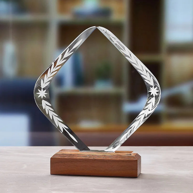 Blank Diamond Plaque Crystal Trophy with Wooden Base  MH-NJ0140