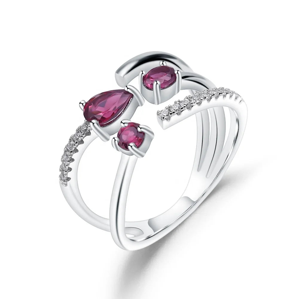 Abiding Three Natural Rhodolite Garnet Stone Adjustable Finger Jewelry 925 Sterling Silver Ring Joyeria for Wedding Women