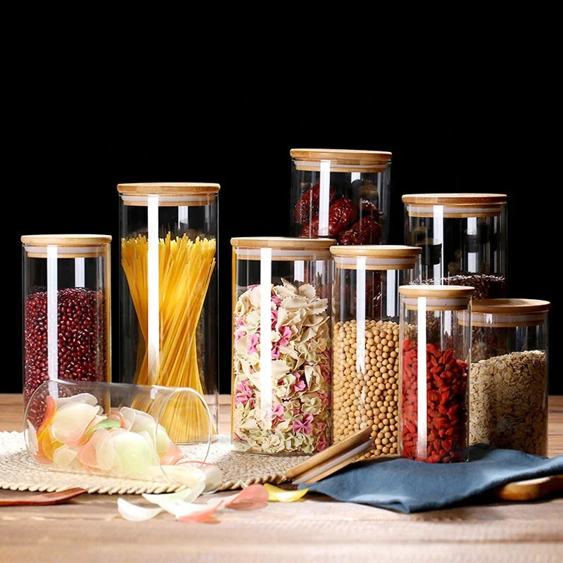 Multigrain Storage Jar Snack Storage Bottle Tea Candy Jar High Borosilicate Straight Body Flat Mouth Bamboo Lid Glass sealed Jar