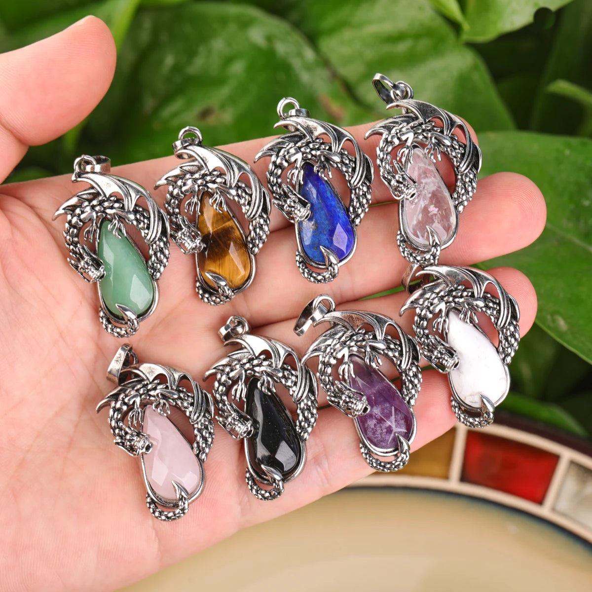 Small Brass Silver Charm Healing Crystal Stone Teardrop Bead Dragon Pendant DIY Necklace Men Gifts