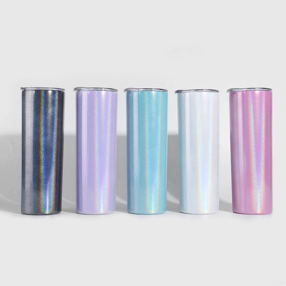 Double Wall Stainless Steel Vacuum Insulation 20OZ Straight Sparkly Holographic Tumblers With Lid and Straw