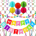 Happy Birthday Banner 6 Honeycomb Balls 8 Metallic Hanging Swirls and Circle Paper Garland Happy Birthday Decorations