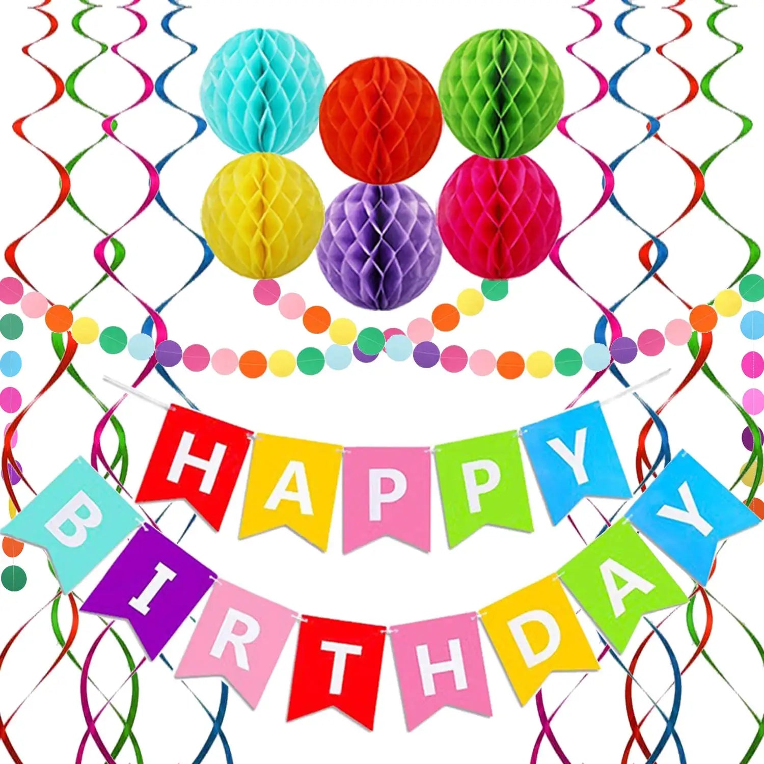 Happy Birthday Banner 6 Honeycomb Balls 8 Metallic Hanging Swirls and Circle Paper Garland Happy Birthday Decorations