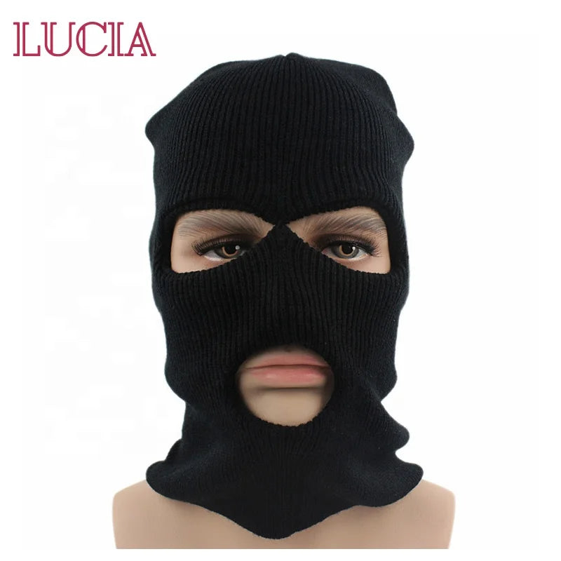 Low Moq Custom Logo Balaclava 3 Hole Black Acrylic  Fabric Full Face Knitted Ski Mask