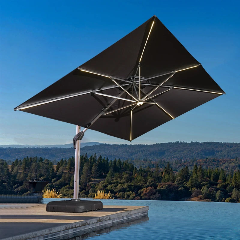 Luxurious 3.5m Outdoor Garden Patio Umbrella with LED Light Bar & Solar Panel for Courtyard Hotel Beach Cabana Outdoor Furniture