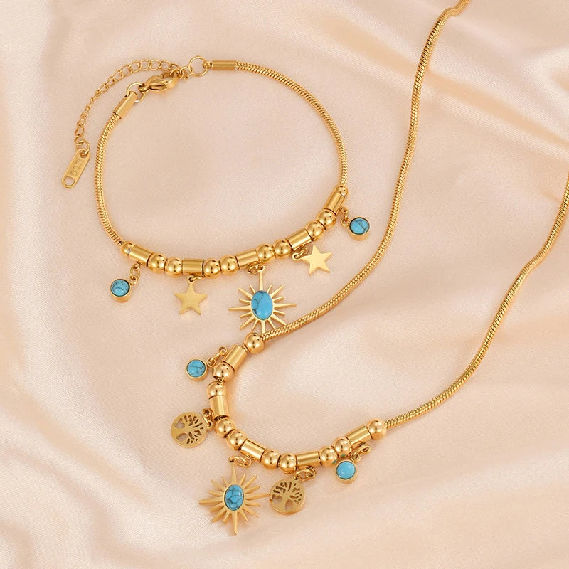 New Hot Sale Gold Plated Jewelry Sets Stainless Steel Beads Star Bracelet Tree of Life Turquoise Charm Necklace