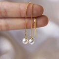 Huitan Elegant Chain Threader Tassel Design Imitated Pearl Long Hanging Earrings for Bridal Wedding Gold Plated Pendant Earrings