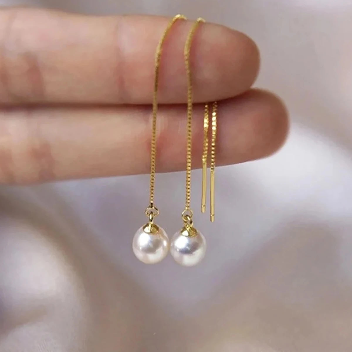 Huitan Elegant Chain Threader Tassel Design Imitated Pearl Long Hanging Earrings for Bridal Wedding Gold Plated Pendant Earrings