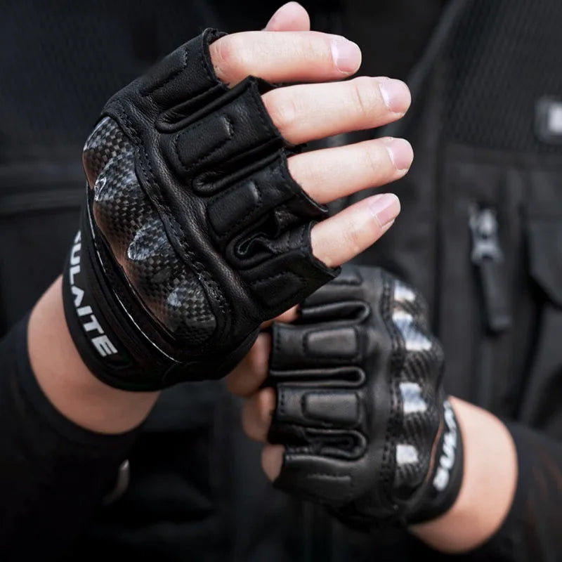 SULAITE Hard Shell Protection Motorcycle Sheepskin Half Finger Leather Gloves Racing Gloves Half Finger