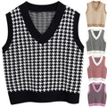 Hot Selling Korean V Neck Sleeveless Autumn Winter Jumper Knitted Pullover Loose Tops Women Houndstooth Winter Vest Sweater