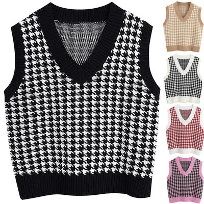 Hot Selling Korean V Neck Sleeveless Autumn Winter Jumper Knitted Pullover Loose Tops Women Houndstooth Winter Vest Sweater