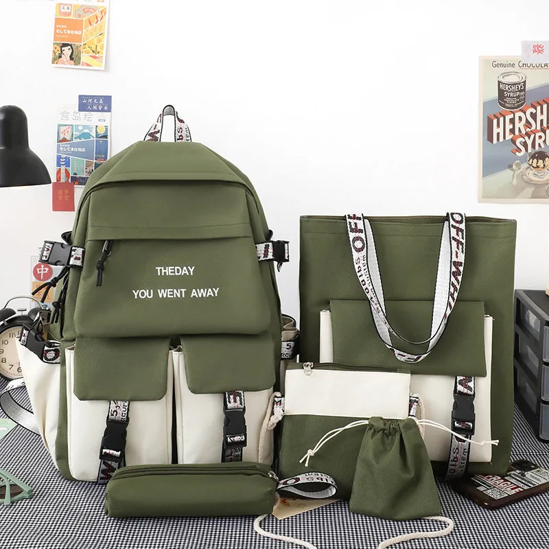 School Bag Five-piece Fashion Korean Junior High School Student Backpack Female Middle School Student Schoolbag