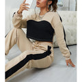 F230609 Women's Crew Neck Two Tone Drop Custom Cotton Fleece Shoulder Crop Pullover & Drawstring Waist Sweatpants Tracksuits