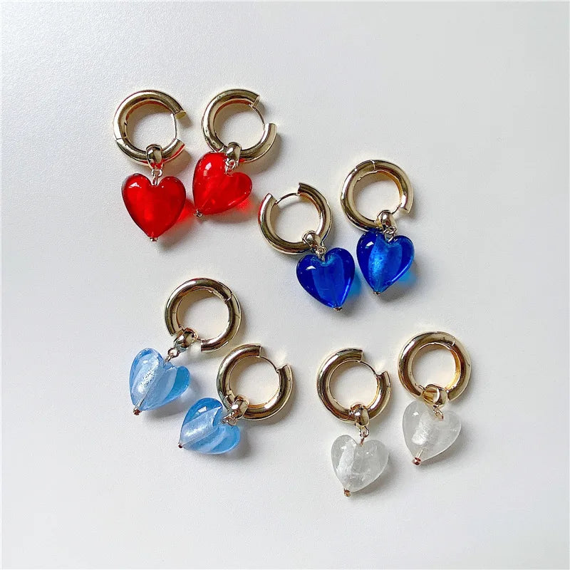 2021 European Vintage Colorful Glass Love Heart Drop Earrings Gold Plated Huggie Hoop Heart Earrings for Girls