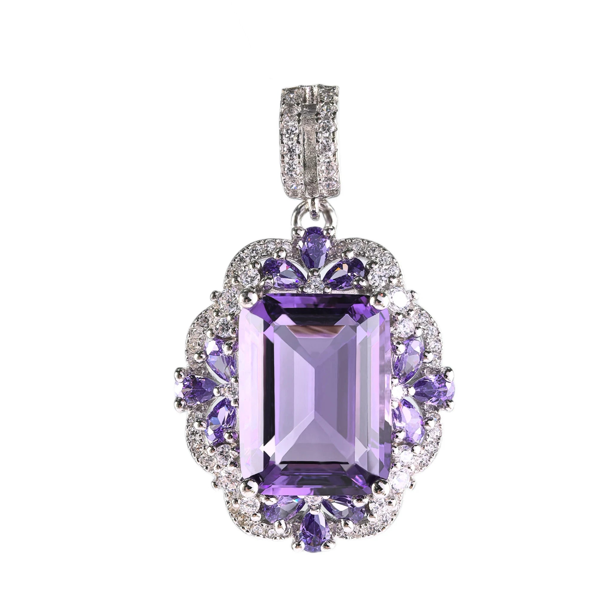 Graceful 925 Silver Jewelry Rhodium Plated Natural Amethyst Pendant Emerald Cut Diamond Shape Perfect Anniversary Gift for Women