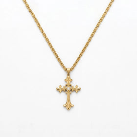 QIAOREN 11969 Wholesale 18K Gold Plated Stainless Steel Cross Pendant Necklace Vintage Engraved Floral Link Chain Engagement
