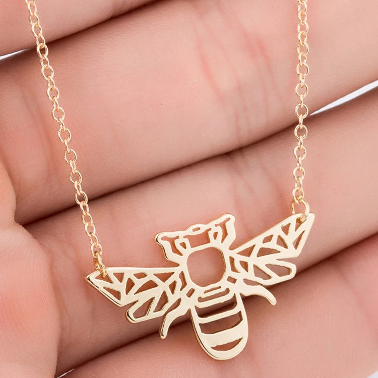 Fashion Tarnish Free Silver 18K Gold Plated Stainless Steel Origami Honey Bee Pendant Necklace Jewelry for Women