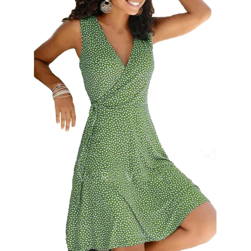 New Casual Polka Dot Dress Women V Neck Sleeveless Bandage Beach Dress Summer Bohemian Dresses for Women