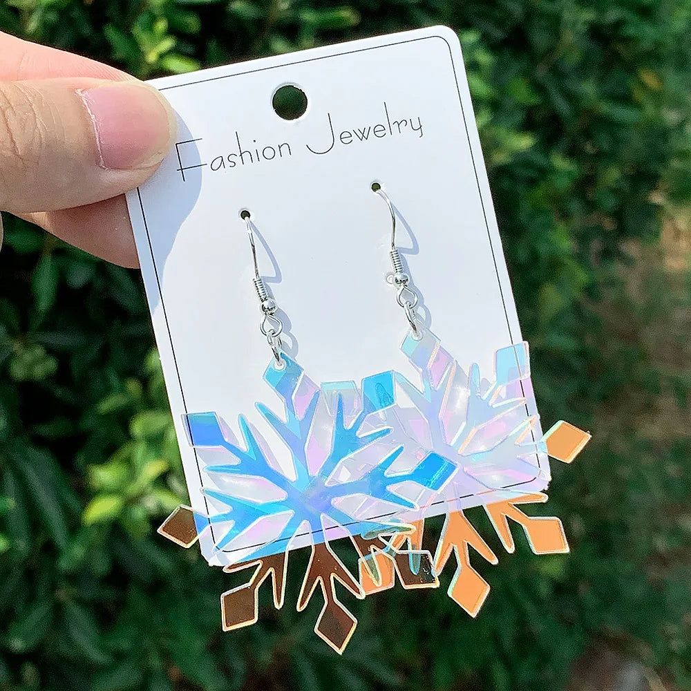 Handmade New Christmas Series Gold-Plated Diamond Pearl Earrings Shiny Colorful Snowflake Acrylic Pendant Flower Shape Elegant