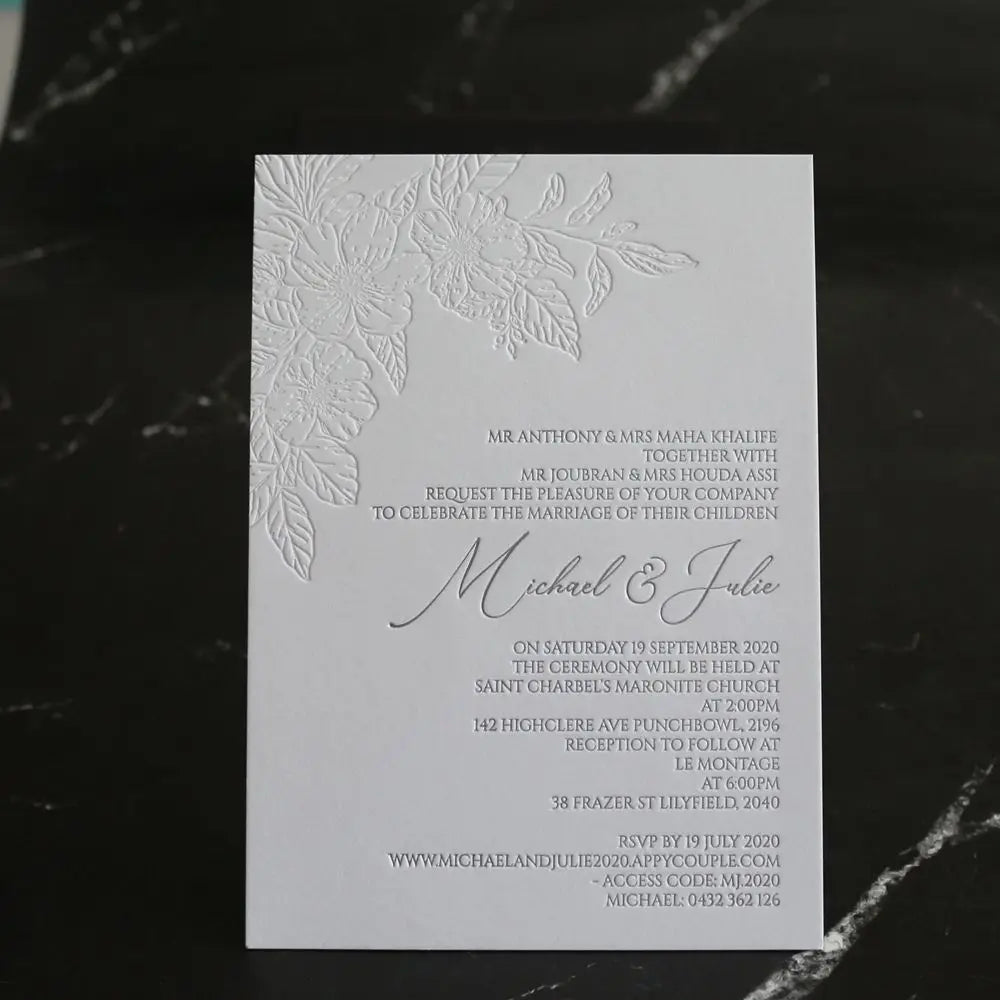 Chic Floral Design Blind Foil Thick Cotton Paper Wedding Invitation Cards With Envelope