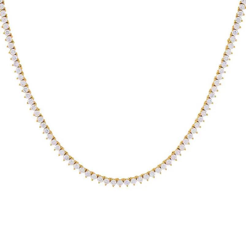 Gemnel Party Jewelry Brass 14k Gold Tennis Cubic Zirconia Three Prong Diamond Choker Necklace