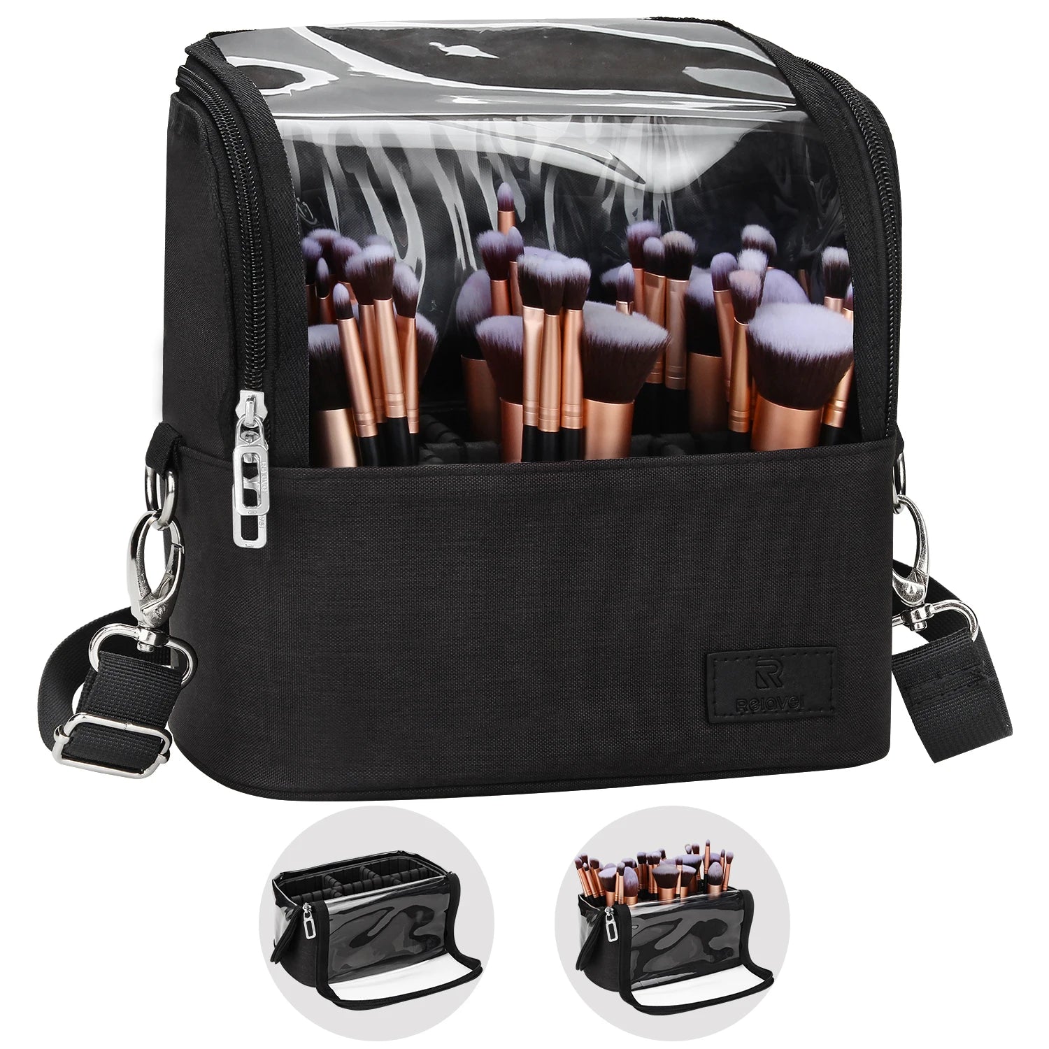 Relavel Hot Sale Makeup Artist Storage Box with Adjustable Dividers Large Capacity Makeup Brush Holder Bag Clear Cosmetic Bag