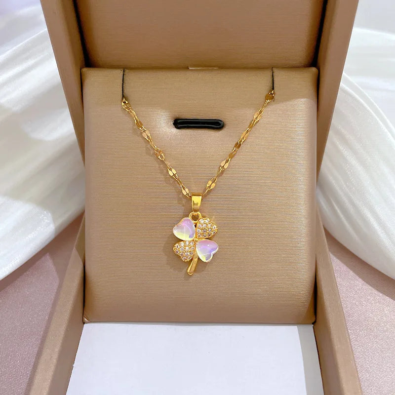 Lucky Four Clover Leaf Pendant Necklace for Women Girls with Gold Plated Stainless Steel Chain and Rhinestone for Gift or Party