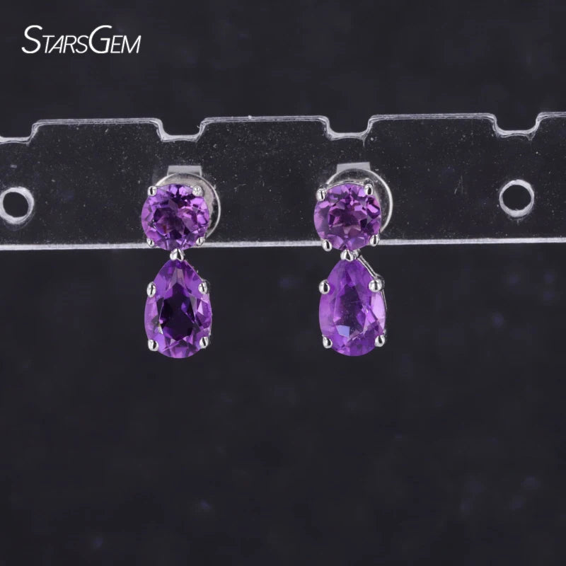 China Wholesale Starsgem Luxury Engagement 925 Silver Natural Amethyst Earring Pear and Round Shape Gemstones Jewelry
