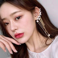 New Style Korean Pearl Asymmetry Drop Ear Bone Clip Diamond Earrings for Women Long Tassel Earrings