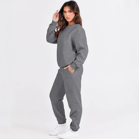 Custom Unisex Solid Long Sleeve Fleece Crewneck Sweatsuit Jogger Pant Winter Two Piece Outfits Pocket Lounge Sports Shirt Plus