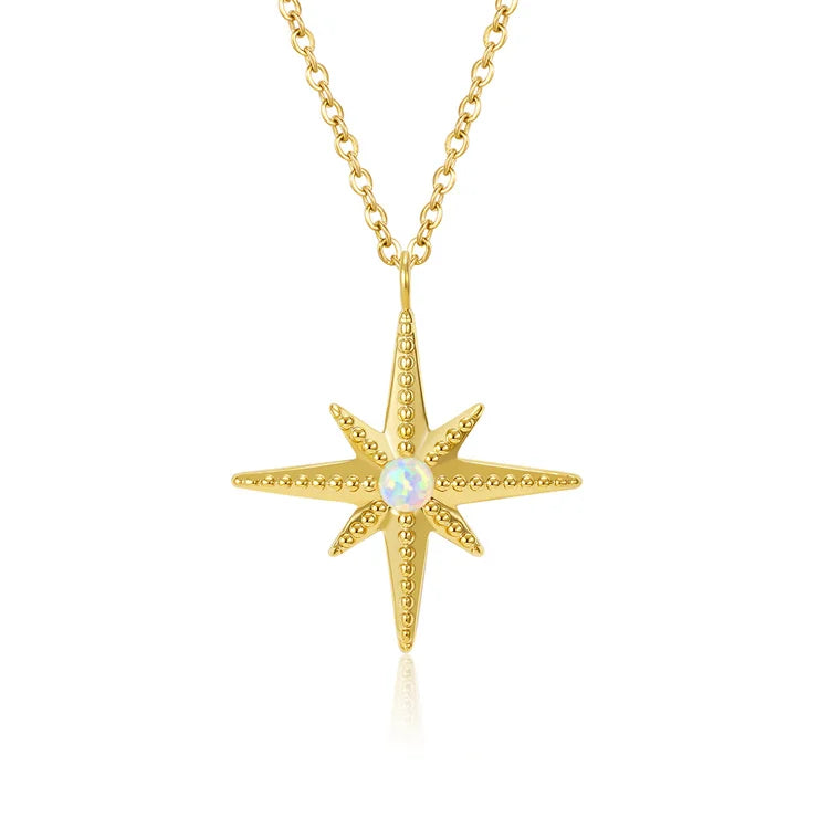 No Fade Gold Plated Women Star Crystal Stainless Steel Starburst North Star Pendant Necklace with CZ Link Chain Gift
