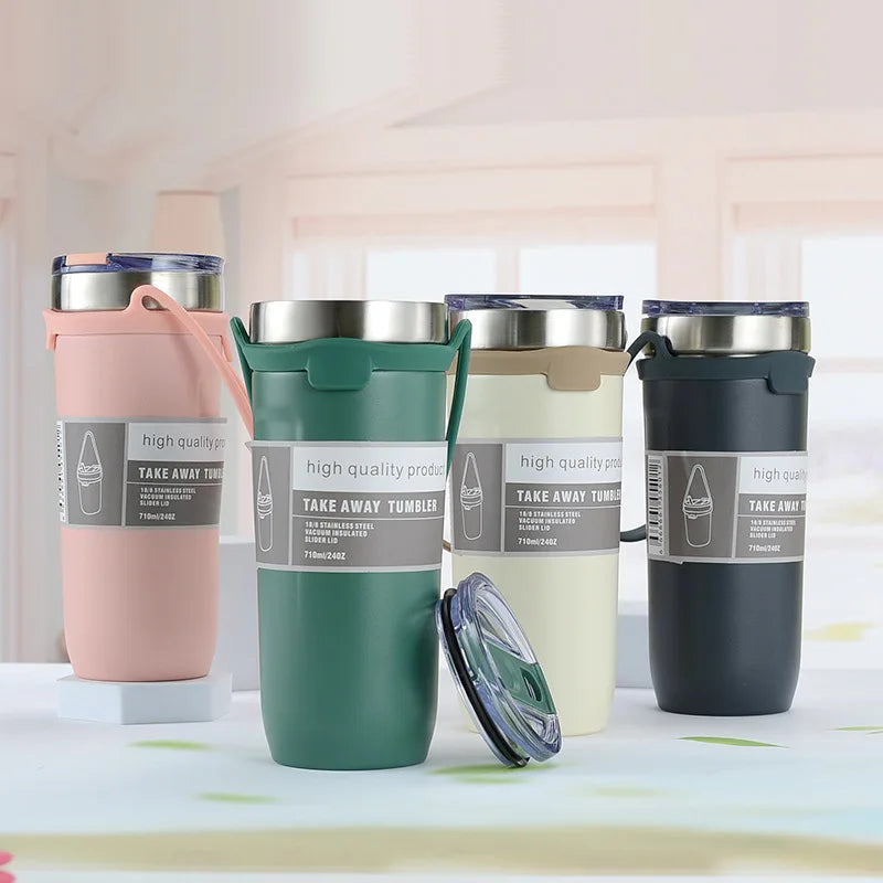 Yeway New Arrival Wholesale Stainless Steel Travel Tumbler Vacuum Insulated Modern Curve Mug With Silicone Holder Strap Handle