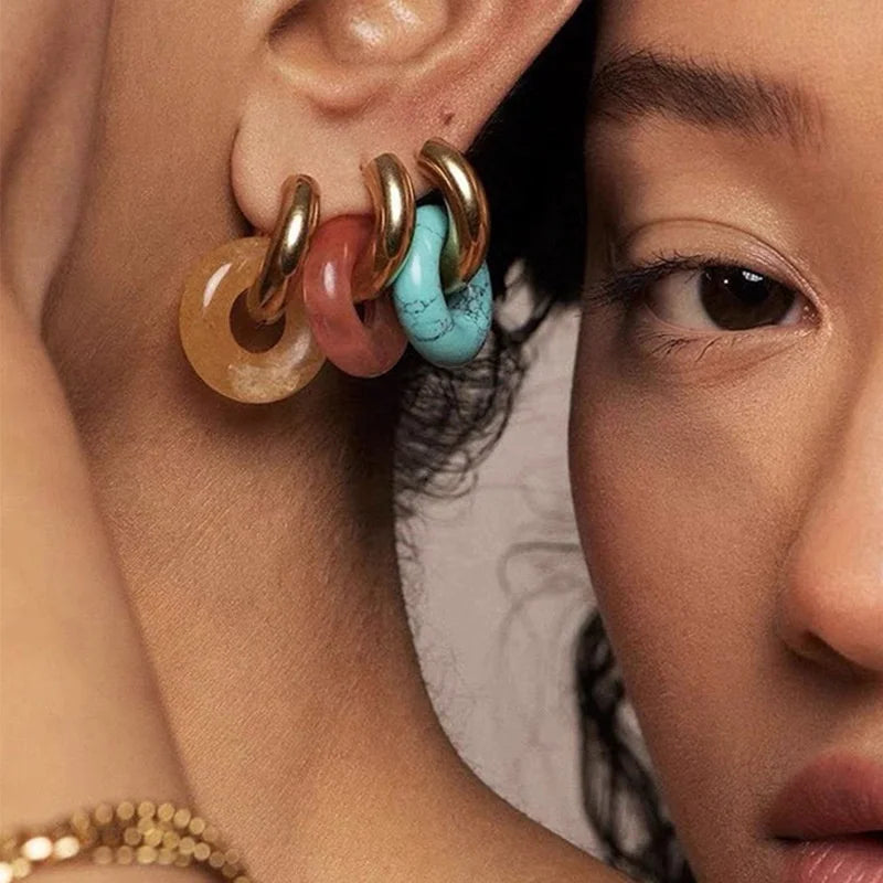 Classic Vintage Style Gold Plated Round Natural Stone Earrings Stainless Steel Gem Stone Drop Hoop Earrings for Woman