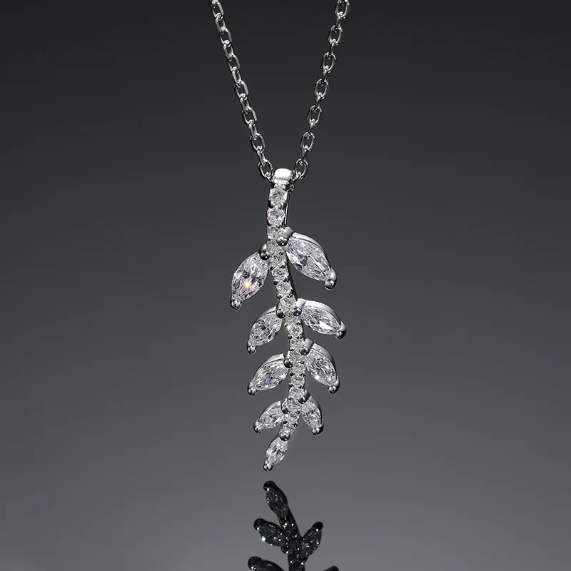 Elegant Inlay Diamond Pendant Fine Jewelry 925 Sterling Silver Leaf Charm Necklace for Women