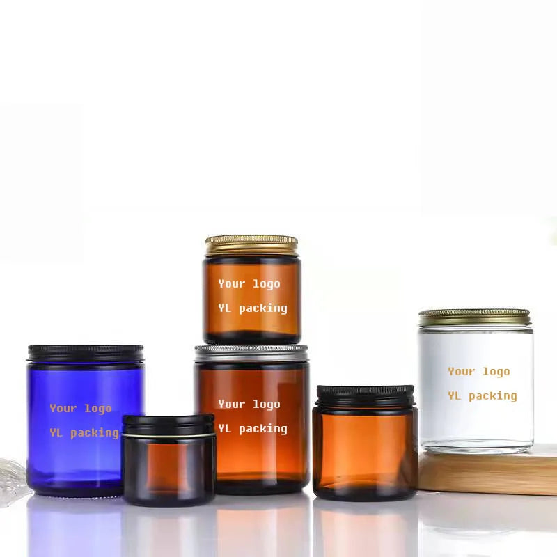 High-End Empty 100ml 250ml 250g Candle Jars Amber Blue Transparent Glass Jars With Silver Golden Black Aluminum Lids