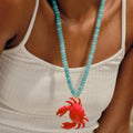 SC Summer Beach Holiday Long Necklace Blue Beaded Chain Cute Animal Red Crab Pendant Necklace for Women
