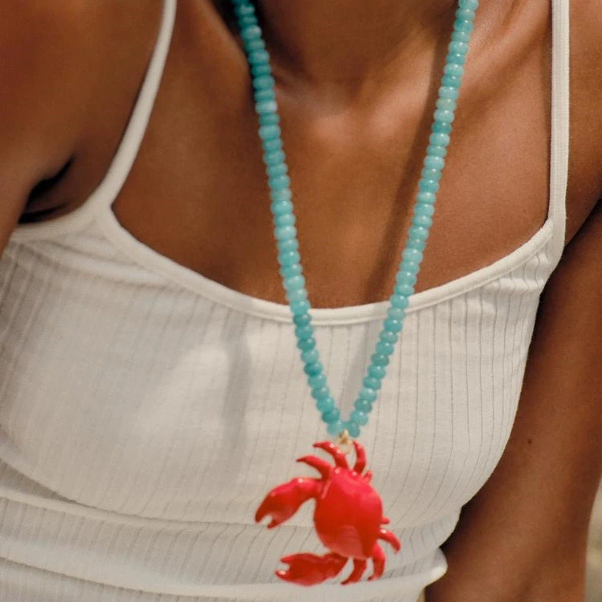 SC Summer Beach Holiday Long Necklace Blue Beaded Chain Cute Animal Red Crab Pendant Necklace for Women