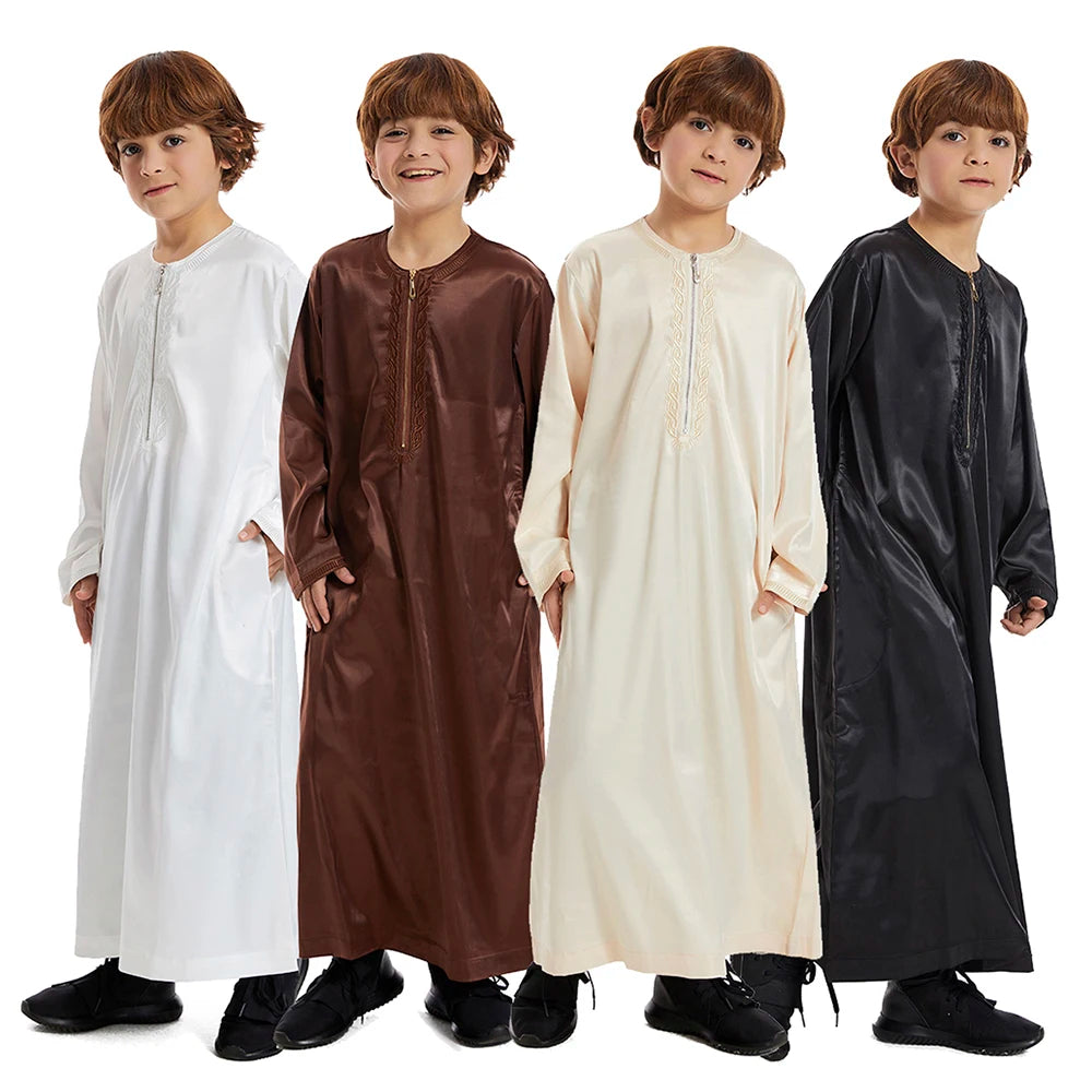 Islamic Muslim Arab Boys Thobe Thawb Caftan Long Sleeve Collar Solid Color Embroidered Muslim Boy's Clothing Polyester Children
