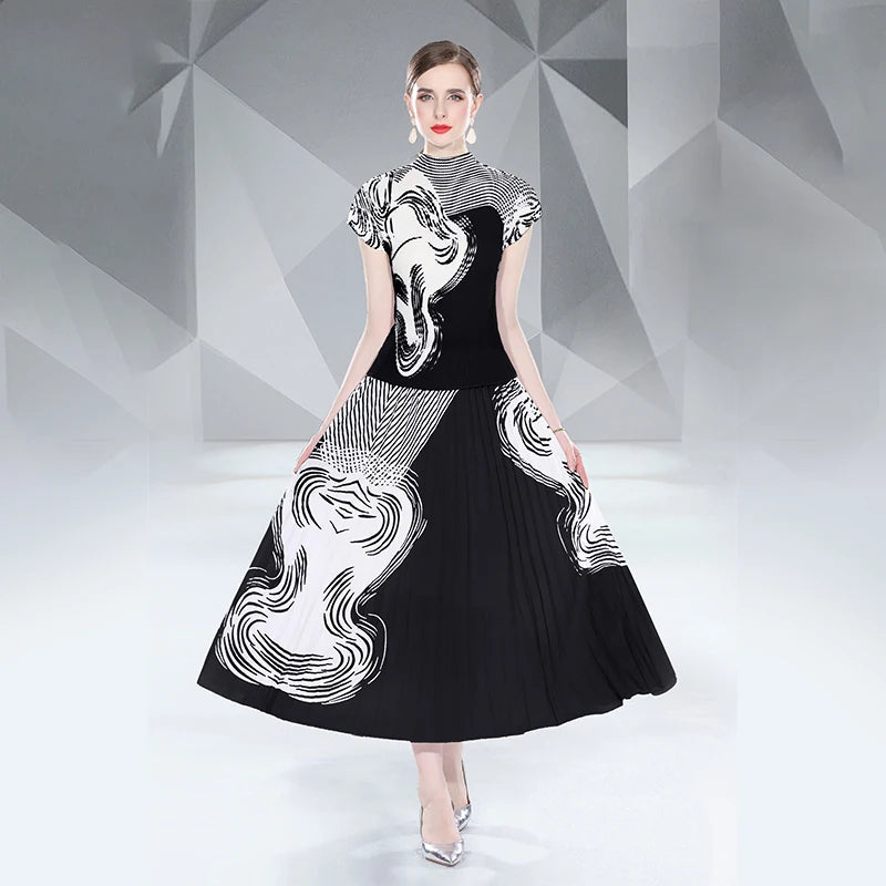 High Quality Wholesale Fashion Two Piece Sets Short Sleeve Ruched Woven Chiffon Pleated Skirt Natural Waist Washable Women Dress