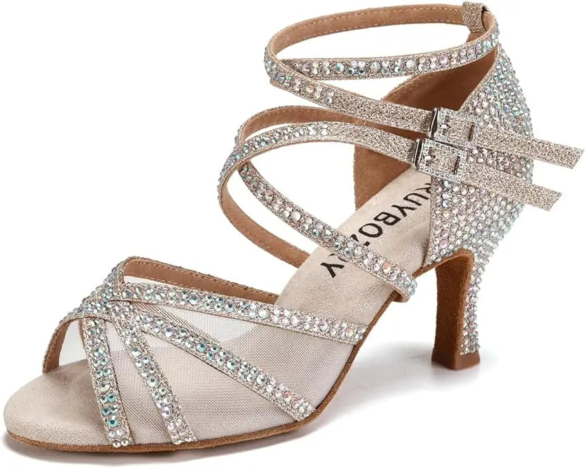 Women 8.5cm Latin Dance Shoes Rhinestones Ballroom Salsa Bachata Wedding Performance Party Satin Dancing Shoes