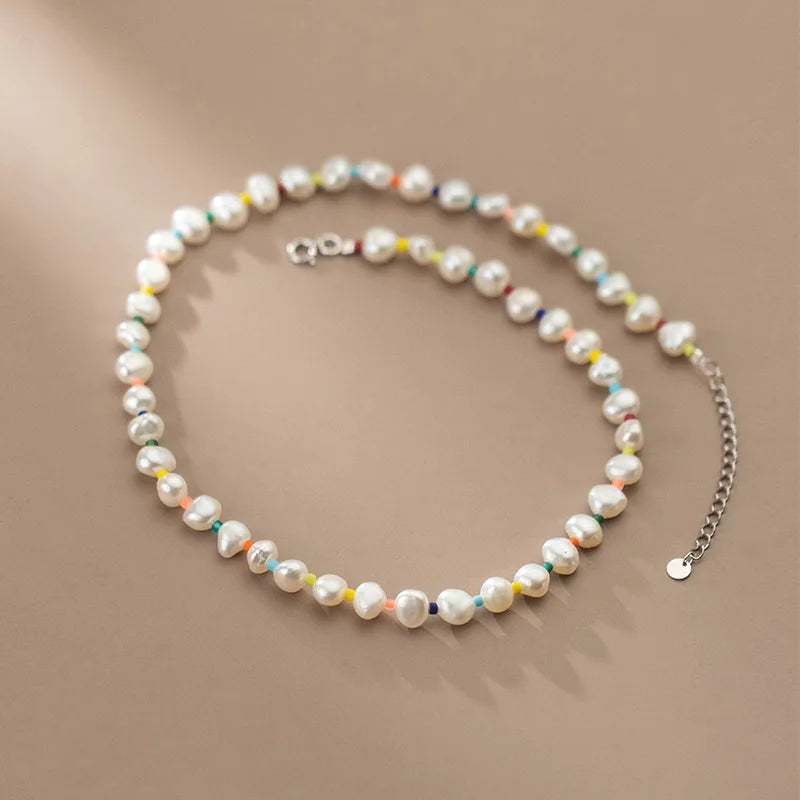 925 Sterling Silver Irregular Natural Freshwater Pearl Chokers Necklaces Small Rainbow Color Beaded Necklace Jewelry for Women