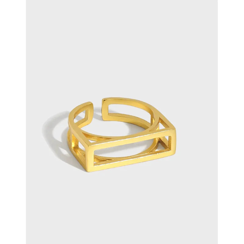 925 Sterling Silver Hollowed-out Rectangle Adjustable Ring Geometric Rings for Girls Fashion 18K Gold Fine Jewelry Rings