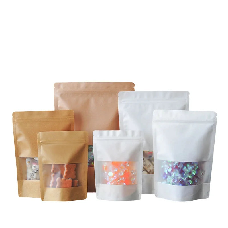 Custom Printed Zipper Lock Stand up Pouch Biodegradable Bags Brown Kraft Paper Window Design Bag Tissue Paper Envelope Window