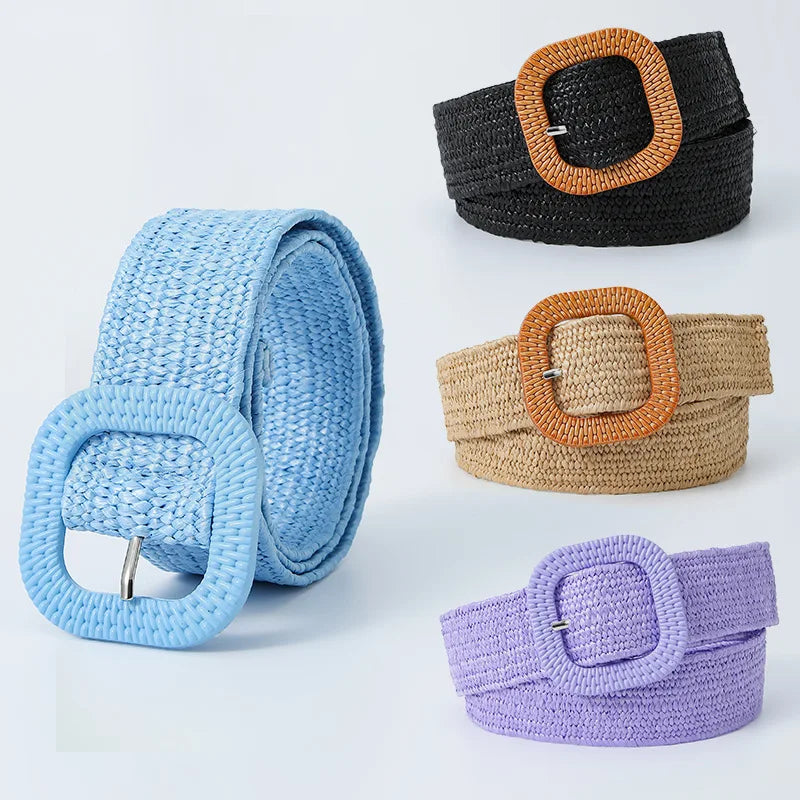 Elastic Stretch Straw Woven Waist Belt Women Skinny Dress Belt Wooden Style Buckle Waist Dress Belt