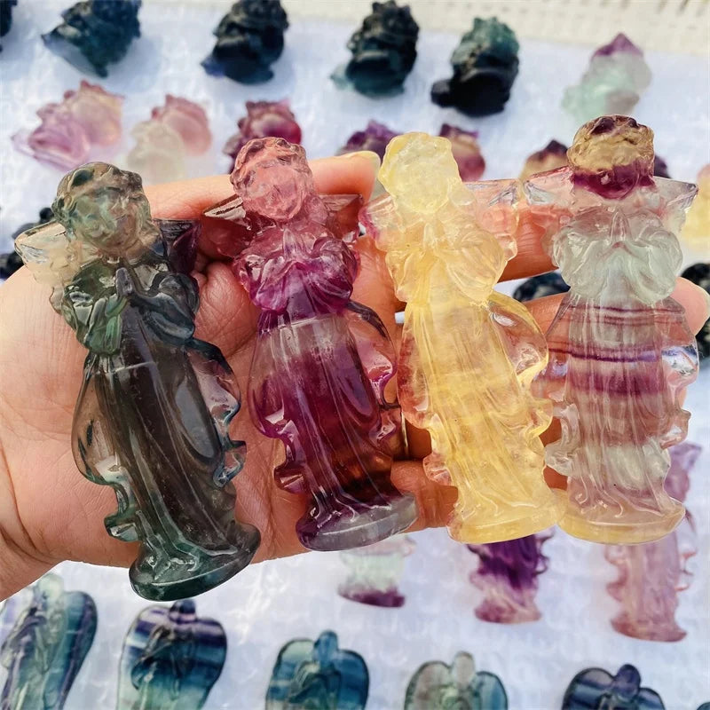 Natural Crystal Carved Angel Fluorite Goddess Carving Rainbow Fluorite Angel Statue For Decoration