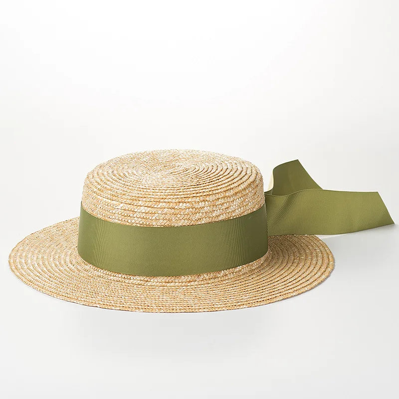 Custom New Wide Flat Wheat Straw Boater Beach Hat Custom Outdoor Travel Sunscreen Shading Flat Ladies Straw Sun Hat Women Summer