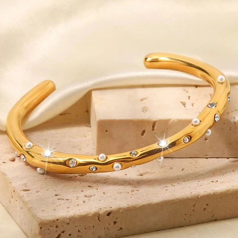 Fashion Light Luxury Non-fading Bracelet Titanium Steel Bracelet Pearl Diamond Opening Stainless Steel Bangles for Women