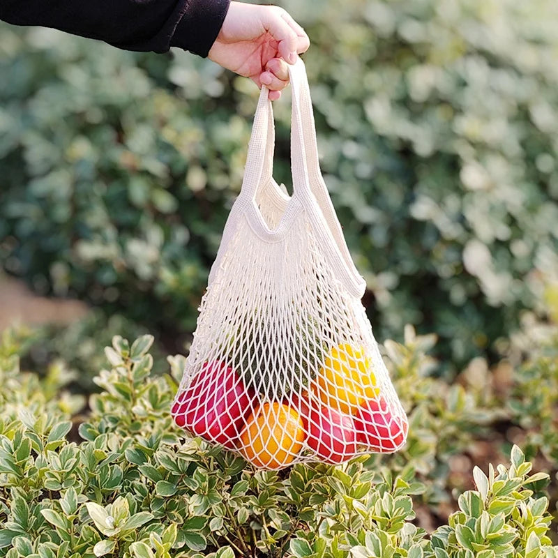 Reusable Durable Long Handled Cotton Mesh Produce Net Tote Bag for Fruit Vegetable Grocery