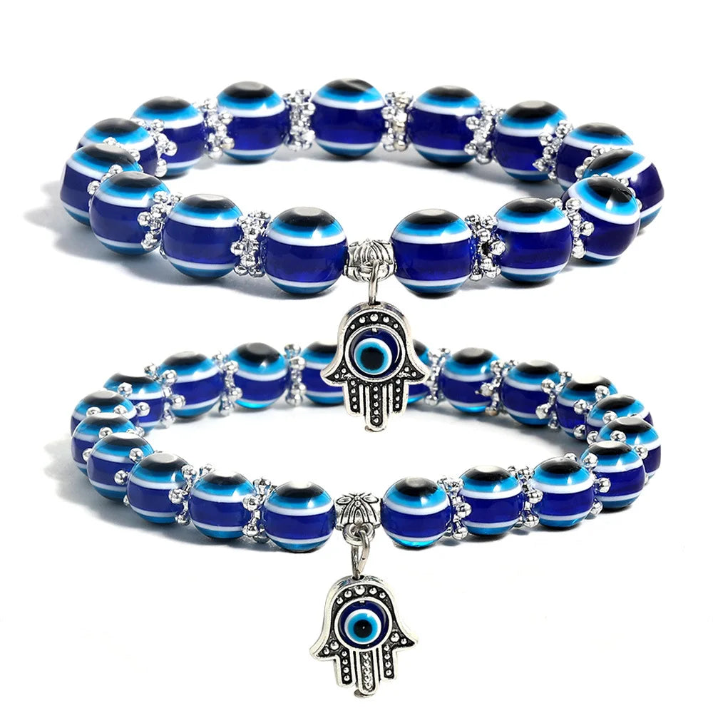 Elastic 8mm 10mm Resin Beads Blue Turkish Eye Bracelet Silver Hamsa Hand Evil Eyes Bracelet